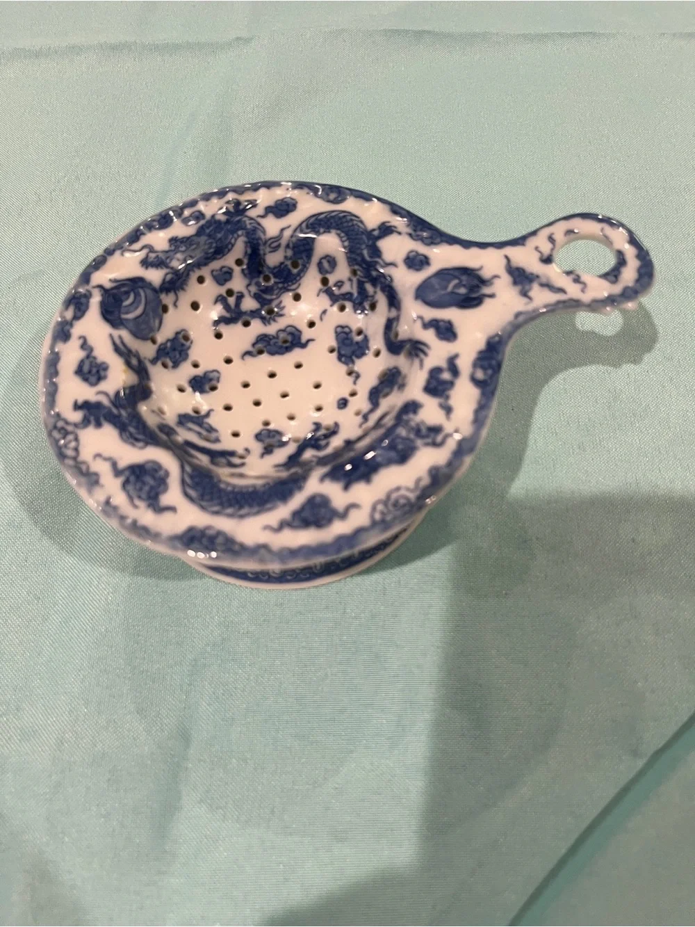 Blue and White Porcelain Tea Strainer with Dragon Motif